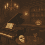 candle lit piano next to bar counter with a white mask, martini glass, and a jack-o-lantern next to it