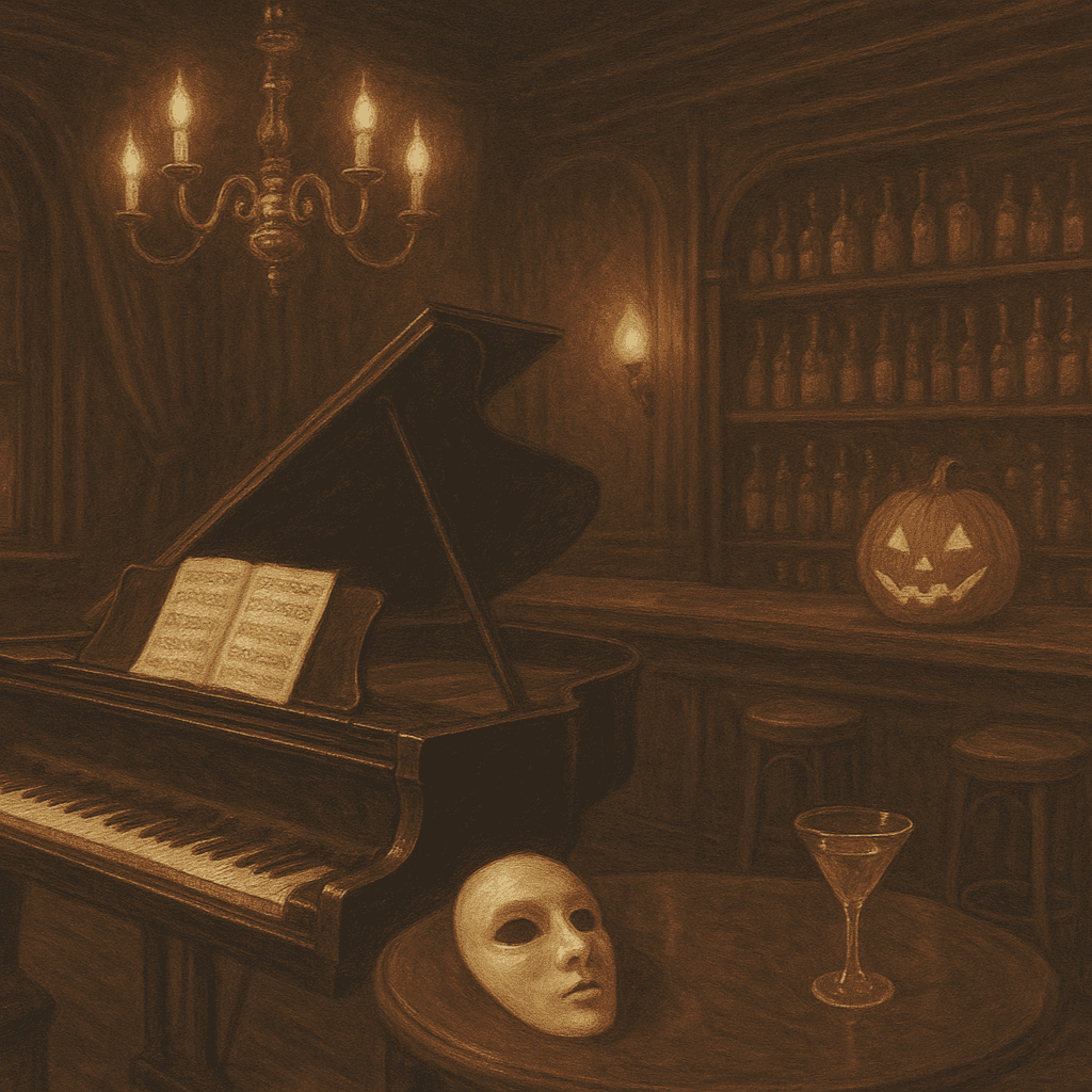 candle lit piano next to bar counter with a white mask, martini glass, and a jack-o-lantern next to it